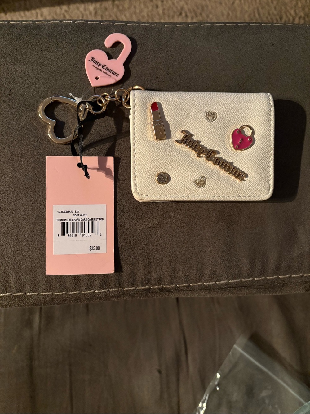 Juicy Couture White Card Case Key Holder with Pink Charm Accents